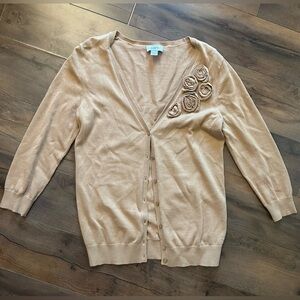 LOFT Beige Rosette Cardigan Cotton Button Front Preppy Classic Sweater S